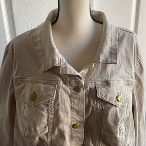 Jessica Simpson cropped sleeve khaki colored denim jacket.